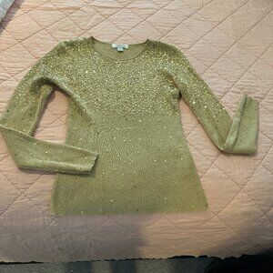 Gold Sequined Long Sleeve Women's Lightweight Sweater Crew Neck Sz M